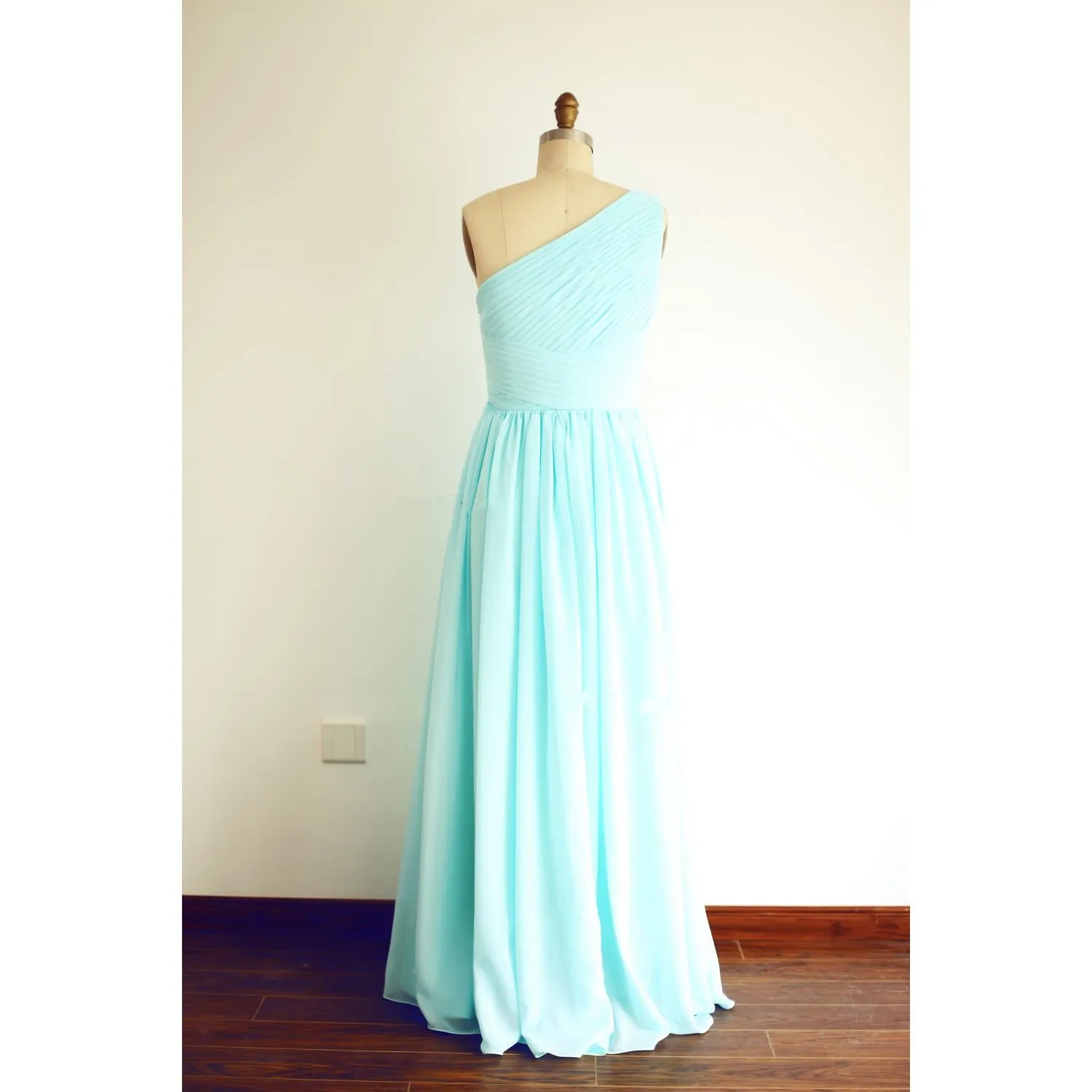 One Shoulder Mint Blue Elegant Bridesmaid Dress, Handmade Chiffon Formal Gowns