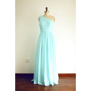 One Shoulder Mint Blue Elegant Bridesmaid Dress, Handmade Chiffon Formal Gowns