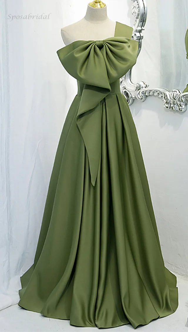 One-shoulder Sage Green Bow Tie A-line Long Prom Dress, Gown, PD3322
