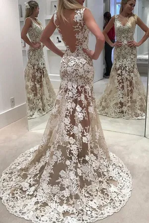 Open Back Sweep Train Wedding Dresses,Sheer Lace Up Appliques Wedding Gown,SW66