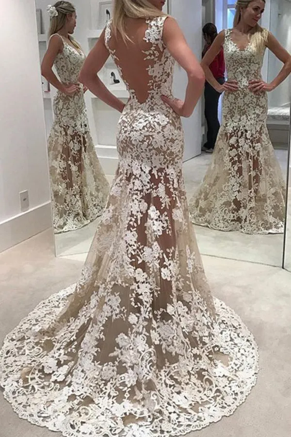 Open Back Sweep Train Wedding Dresses,Sheer Lace Up Appliques Wedding Gown,SW66