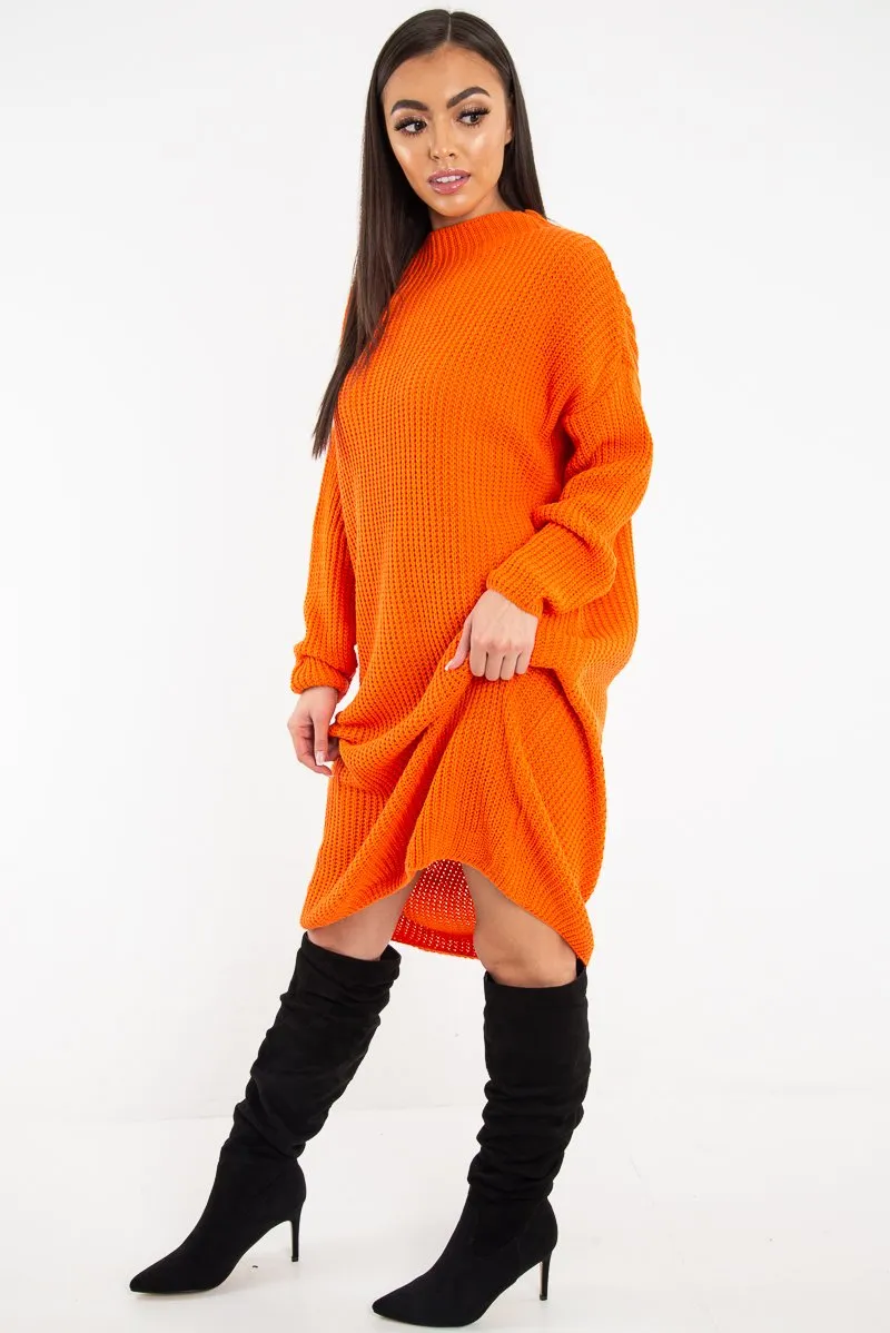 Orange Chunky Knit Slash Neck Jumper Dress - Hessie