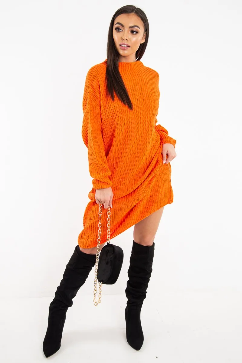 Orange Chunky Knit Slash Neck Jumper Dress - Hessie
