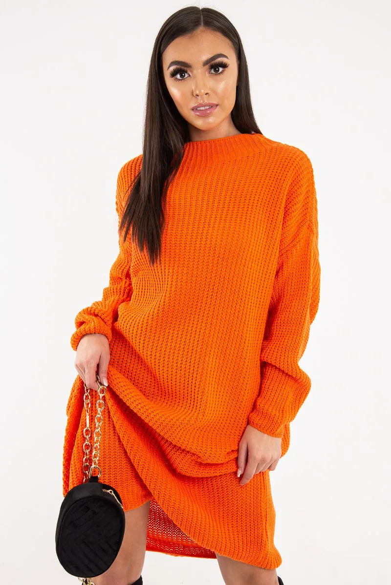 Orange Chunky Knit Slash Neck Jumper Dress - Hessie