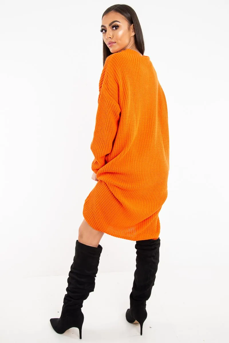 Orange Chunky Knit Slash Neck Jumper Dress - Hessie