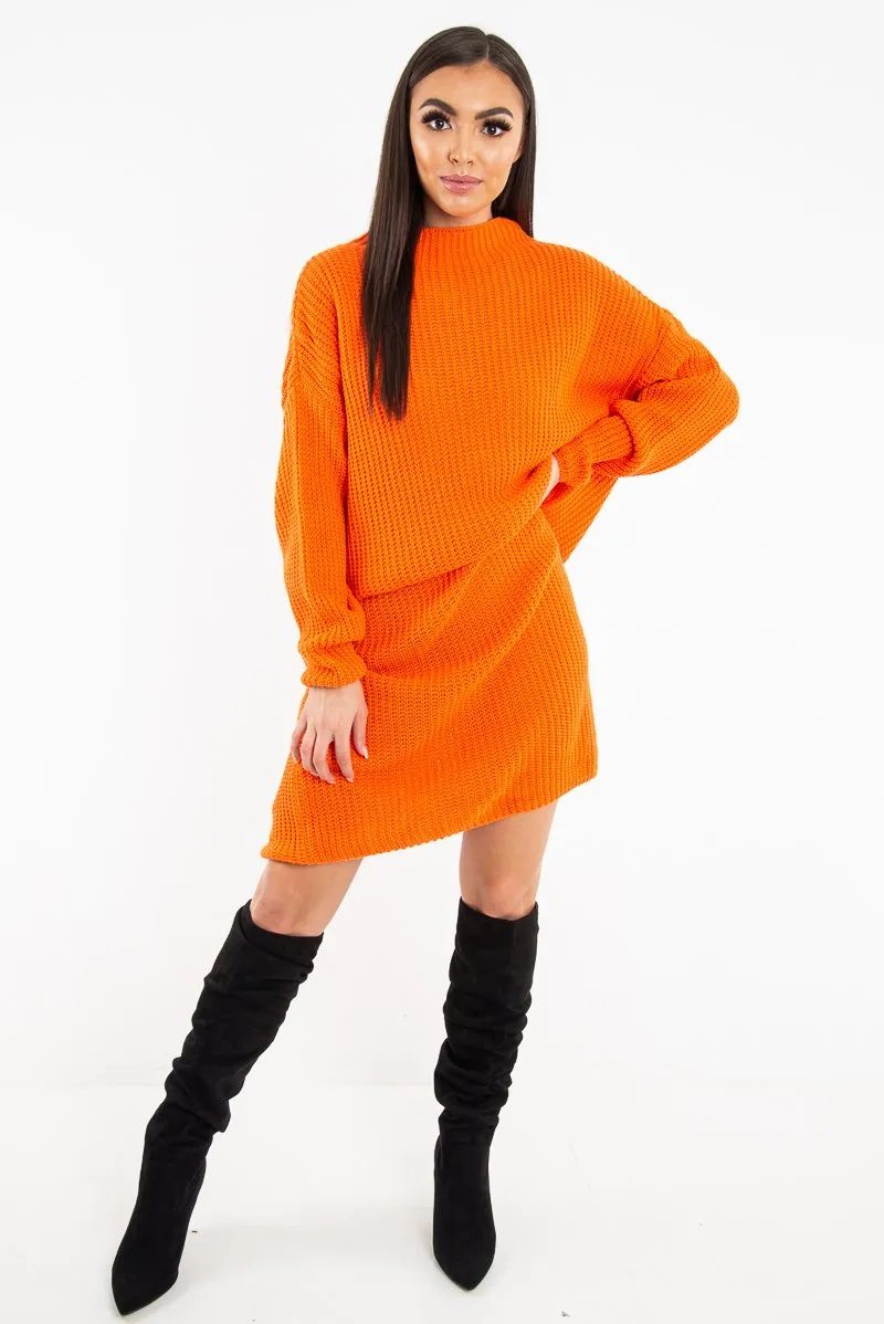 Orange Chunky Knit Slash Neck Jumper Dress - Hessie