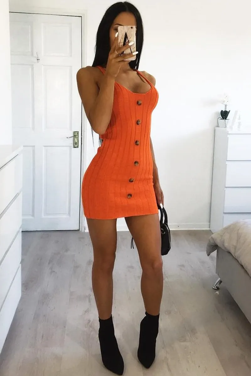 Orange Knit Button Front Cami Dress - Devora