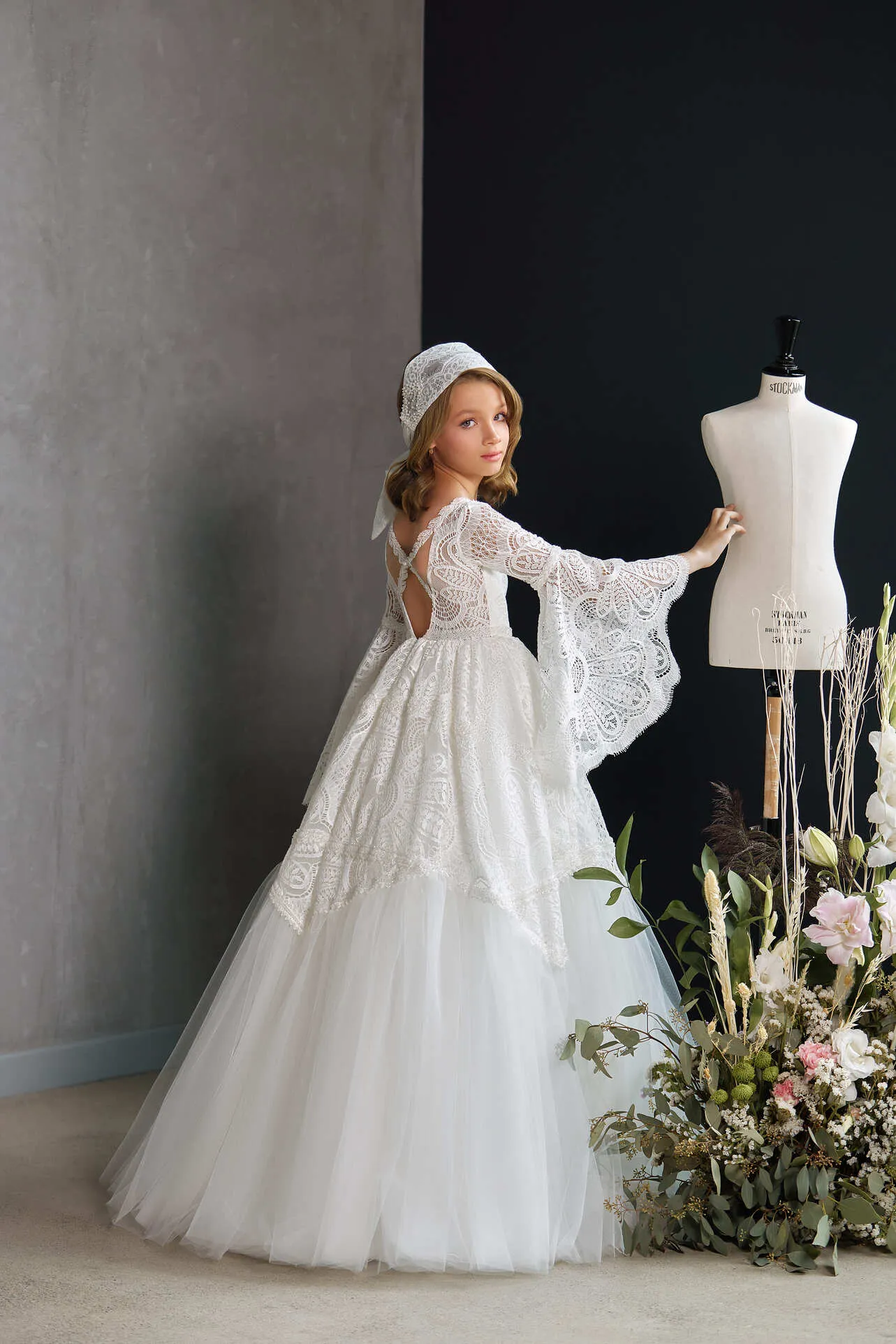 OXFORD – INTRICATE LACE COMMUNION GOWN WITH BELL SLEEVES
