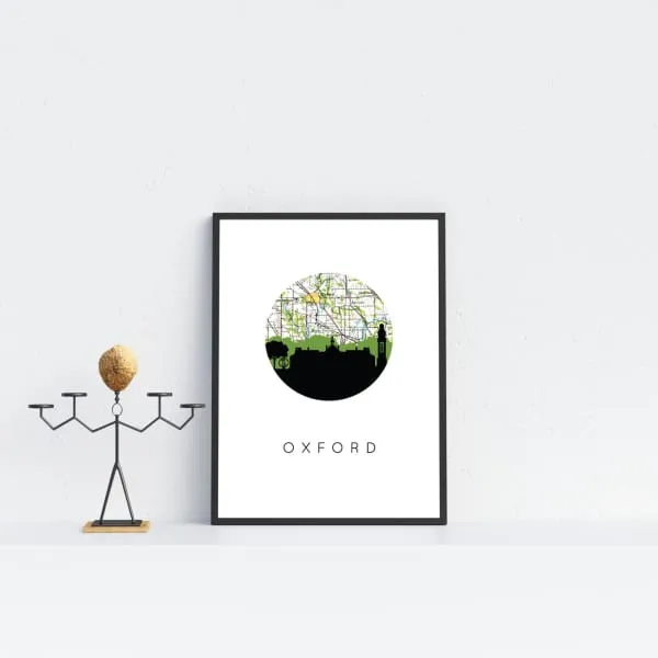 Oxford, Ohio city skyline with vintage Oxford, Ohio map