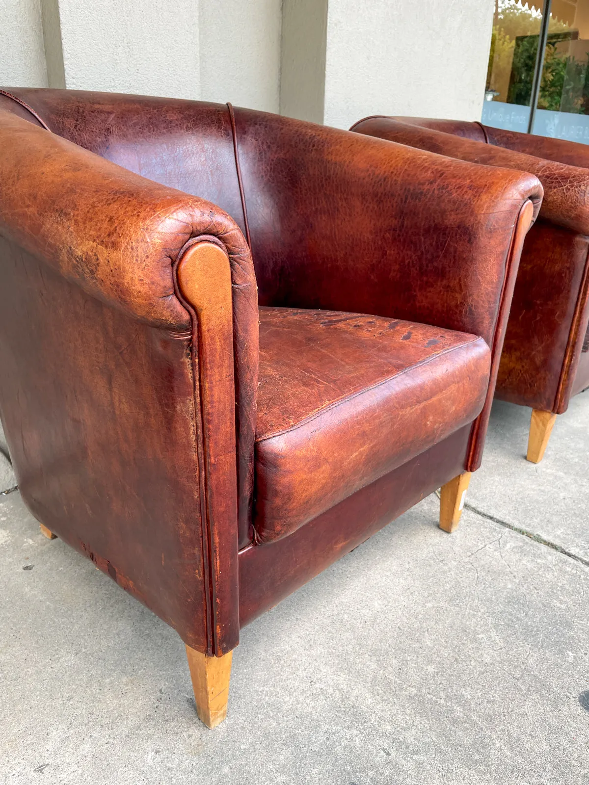 Pair Vintage European Leather Tub Chairs
