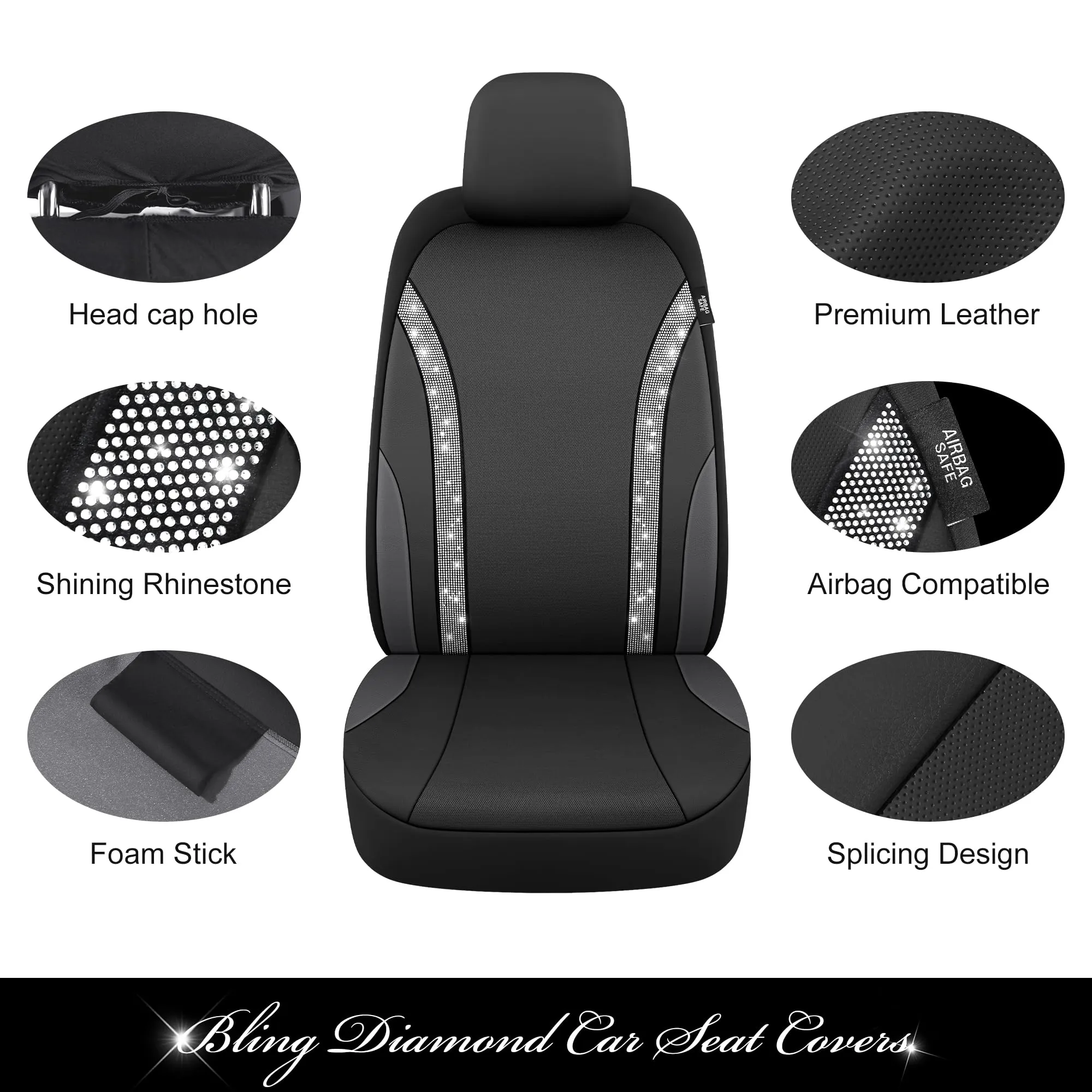 Pariitadin Car Rhinestone Leather Seat Covers Set for Cute Women, Universal - Silver Diamond