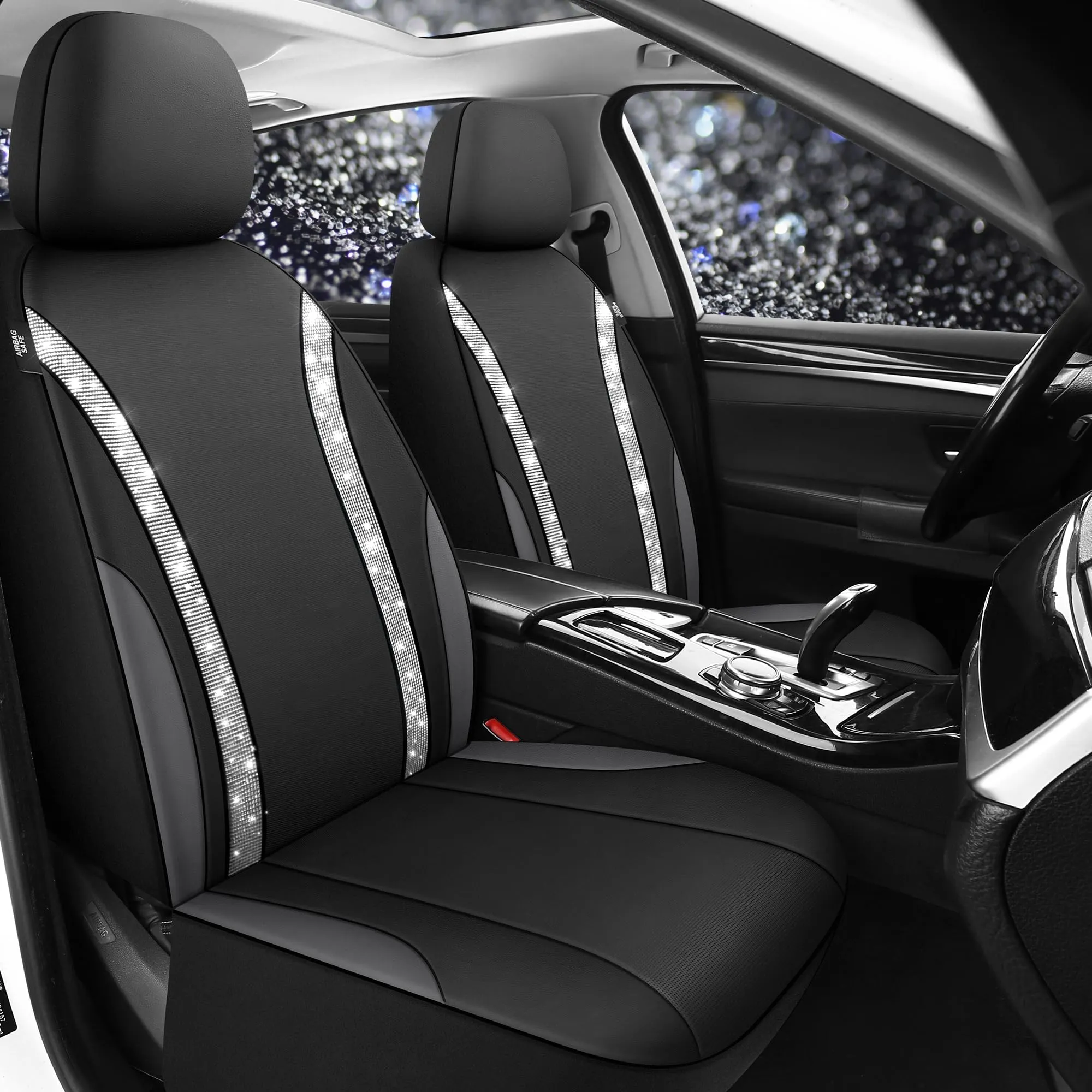 Pariitadin Car Rhinestone Leather Seat Covers Set for Cute Women, Universal - Silver Diamond