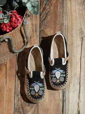 Pattern Embroidered Linen Espadrille Loafer - Black