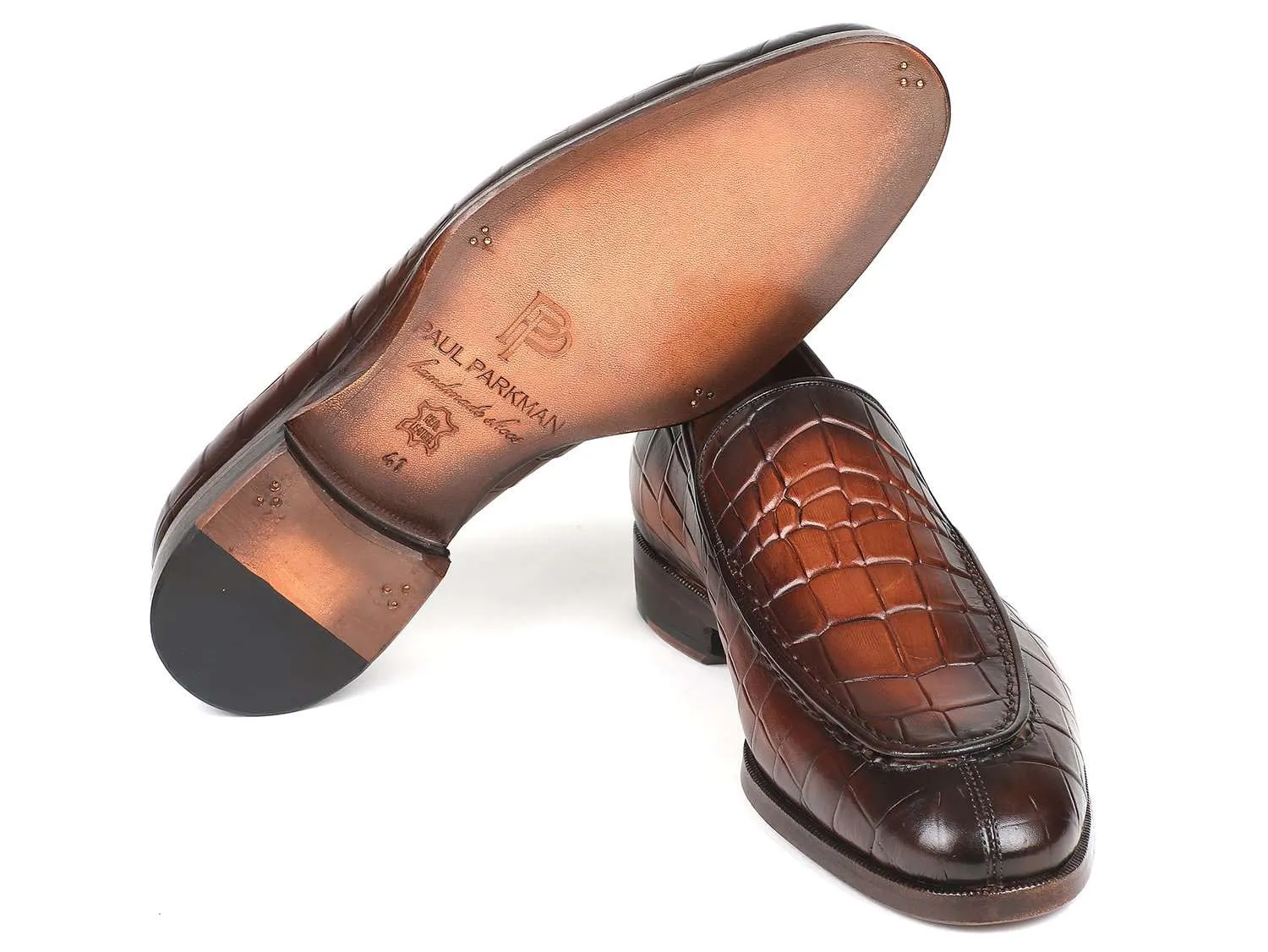 Paul Parkman Crocodile Embossed Brown Burnished Loafer