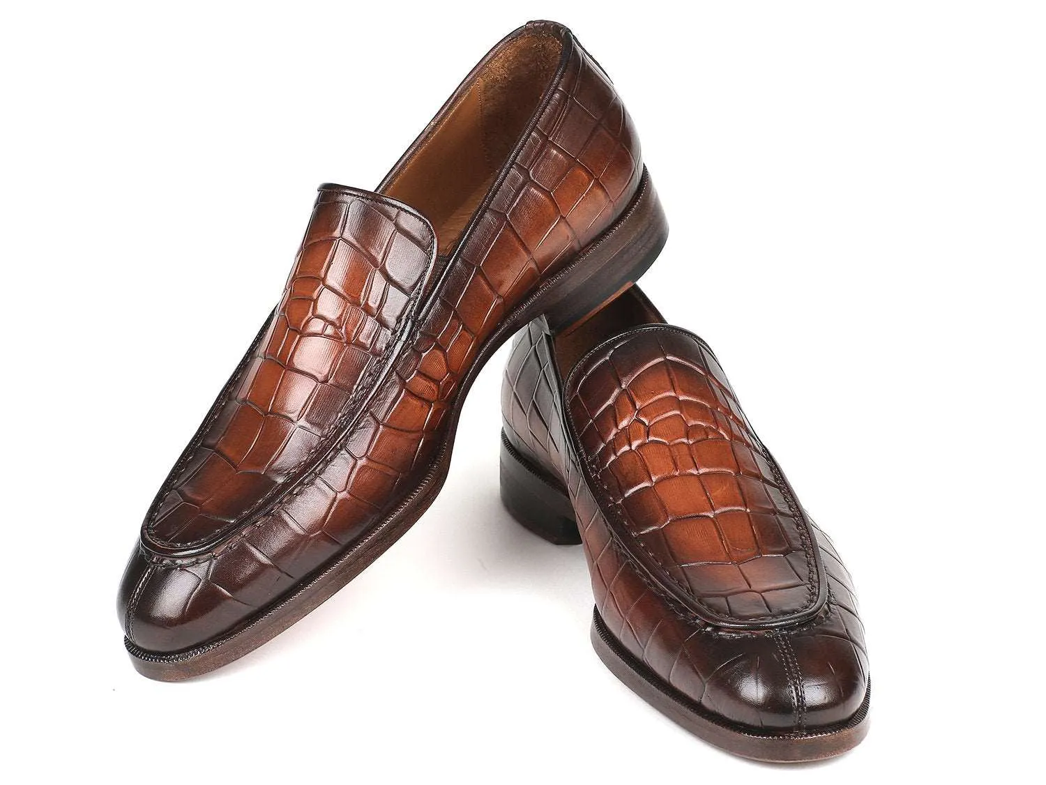 Paul Parkman Crocodile Embossed Brown Burnished Loafer
