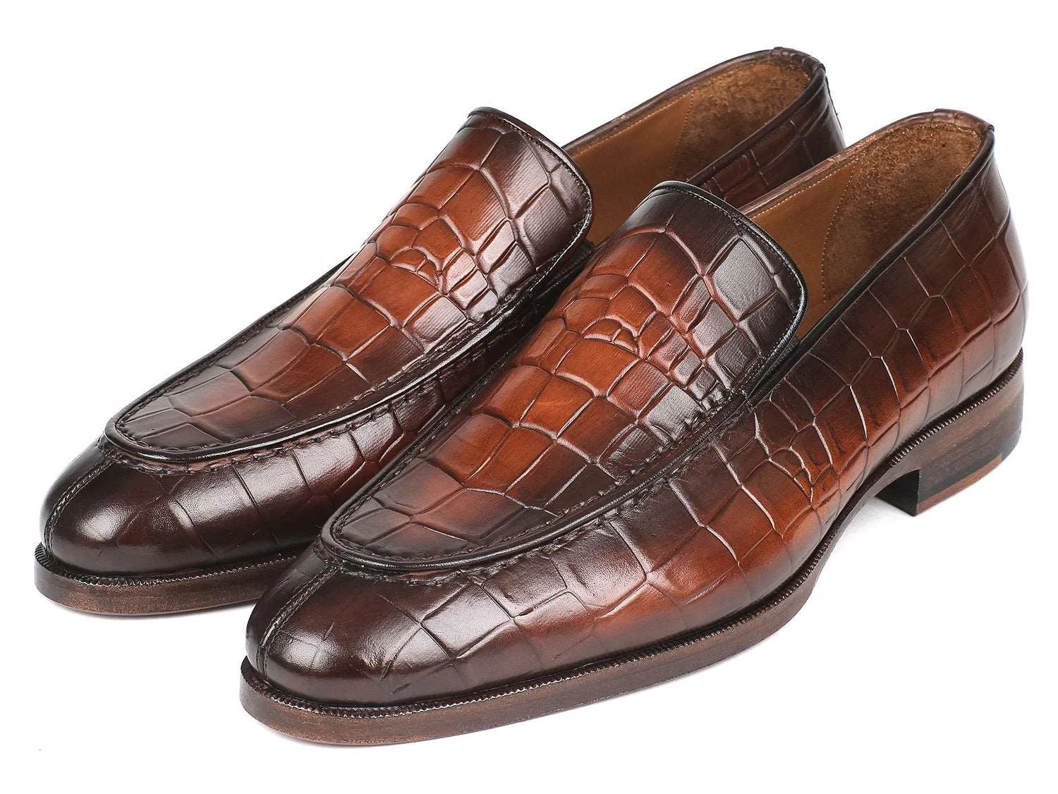 Paul Parkman Crocodile Embossed Brown Burnished Loafer