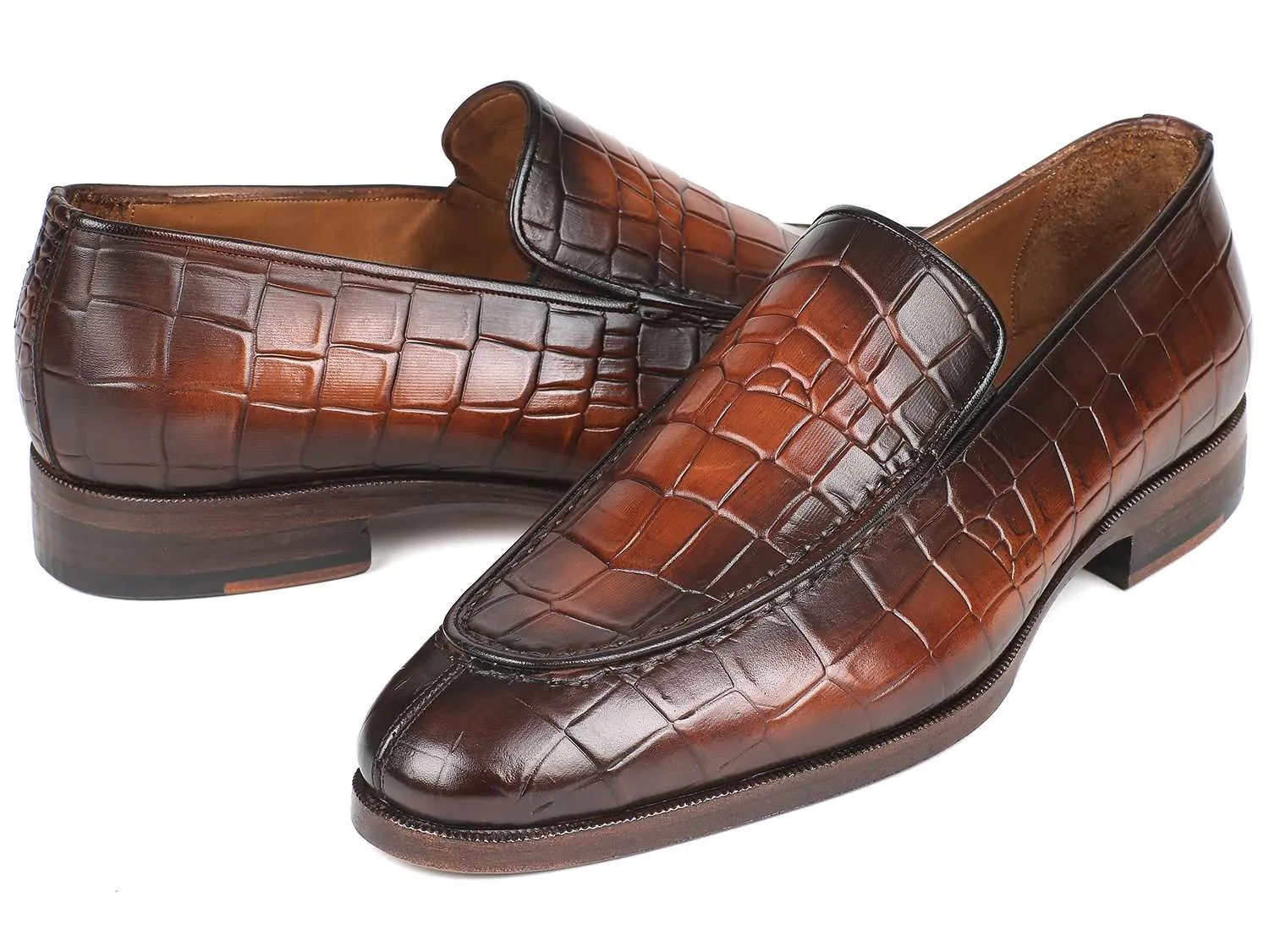 Paul Parkman Crocodile Embossed Brown Burnished Loafer