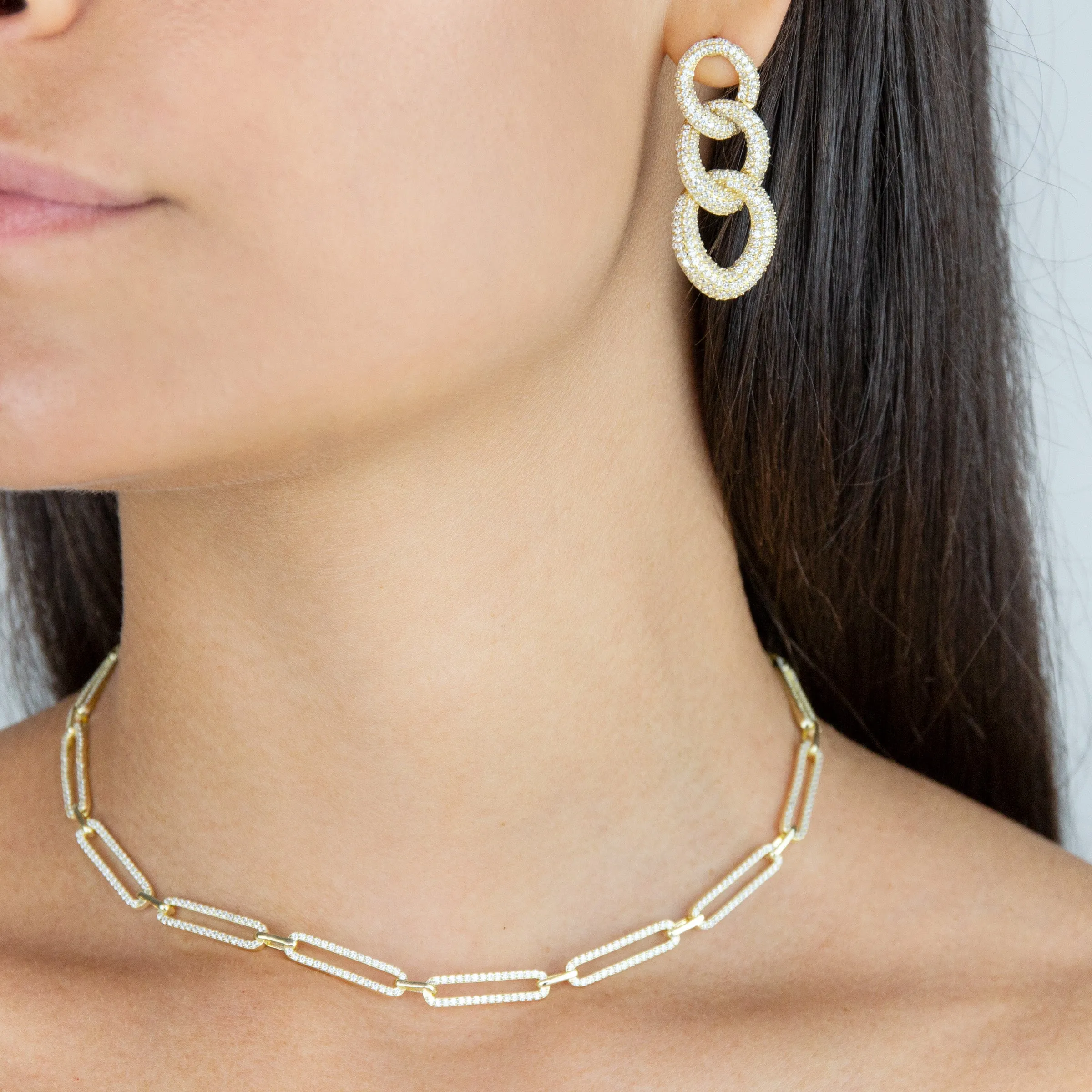 Pavé Chunky Link Drop Stud Earring