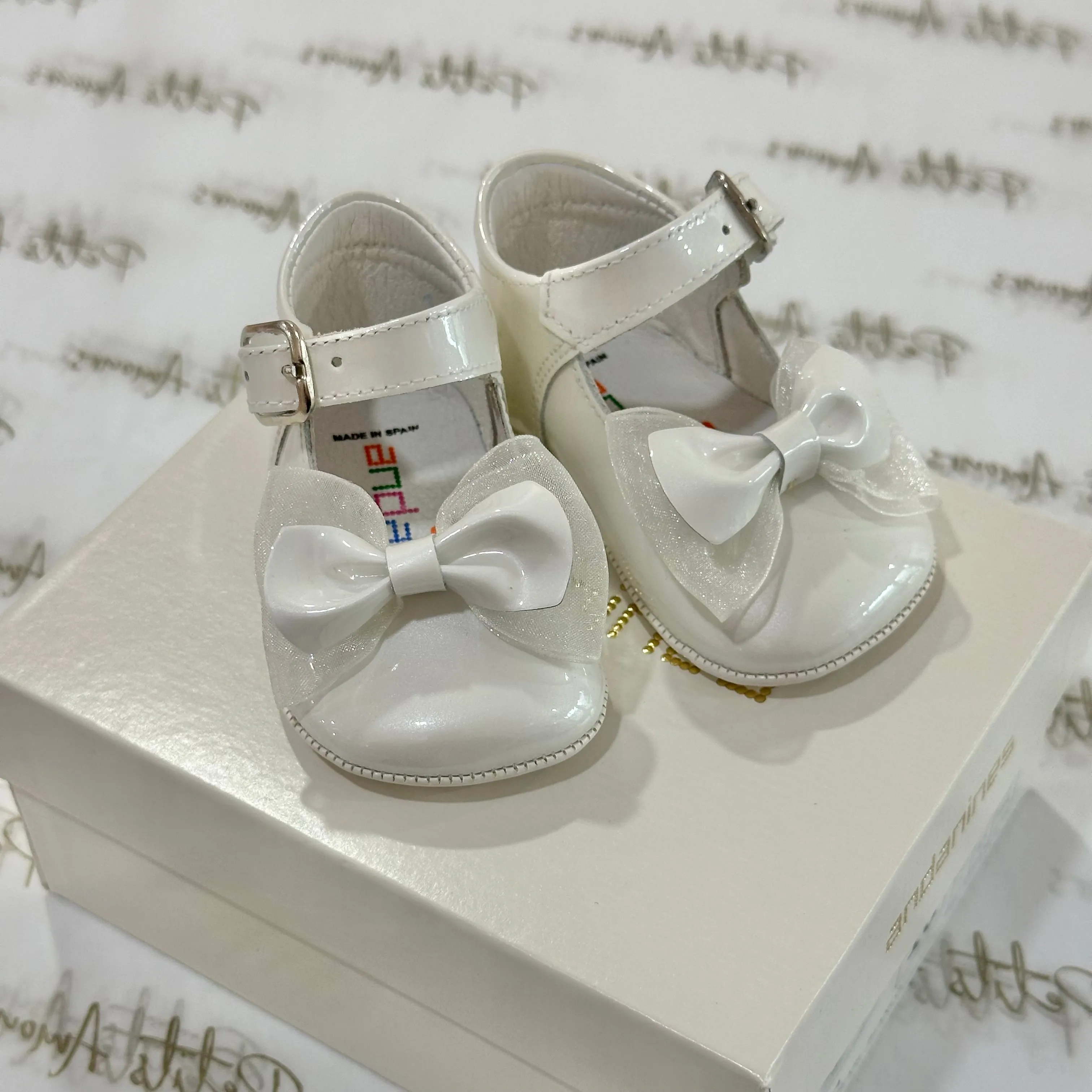Pearl Bow Patent Pram Shoes