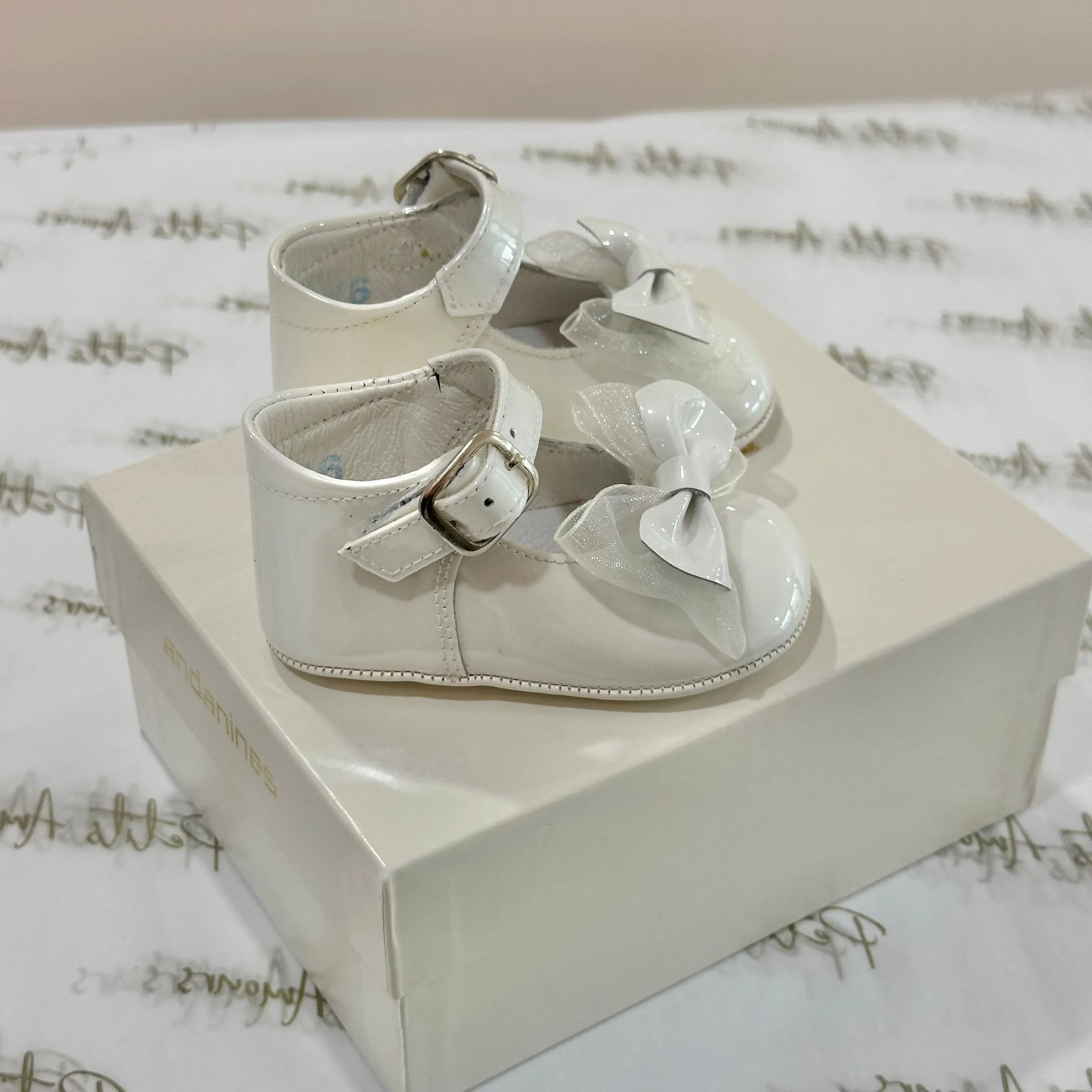 Pearl Bow Patent Pram Shoes