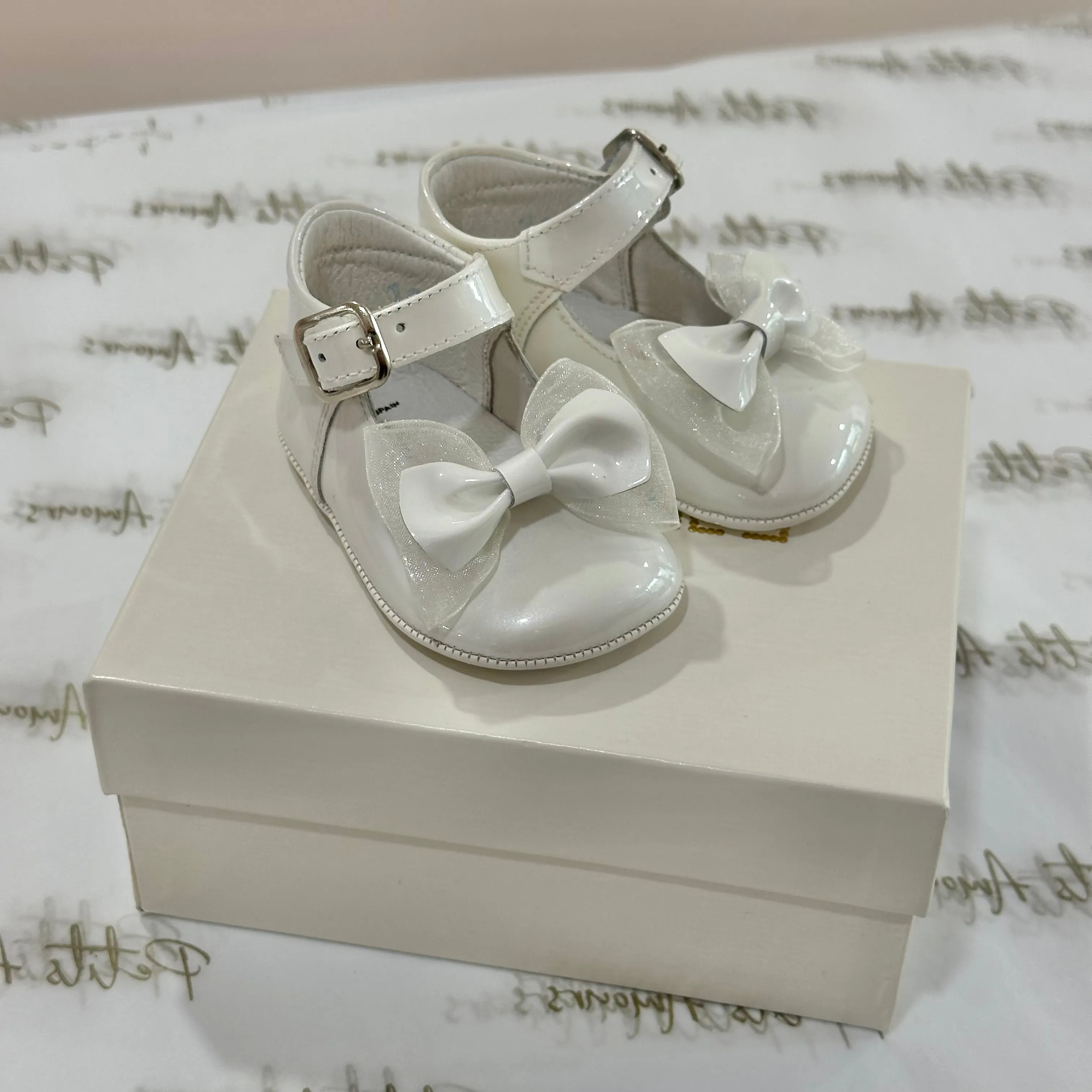 Pearl Bow Patent Pram Shoes