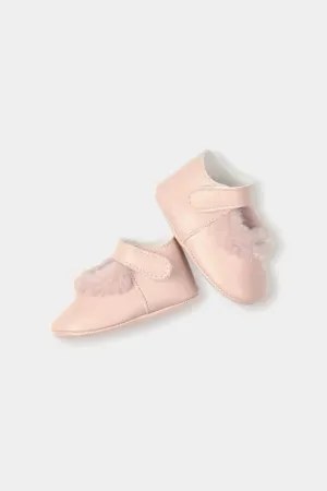 Petal Pink Leather Fur Trim Soft Sole Shoes