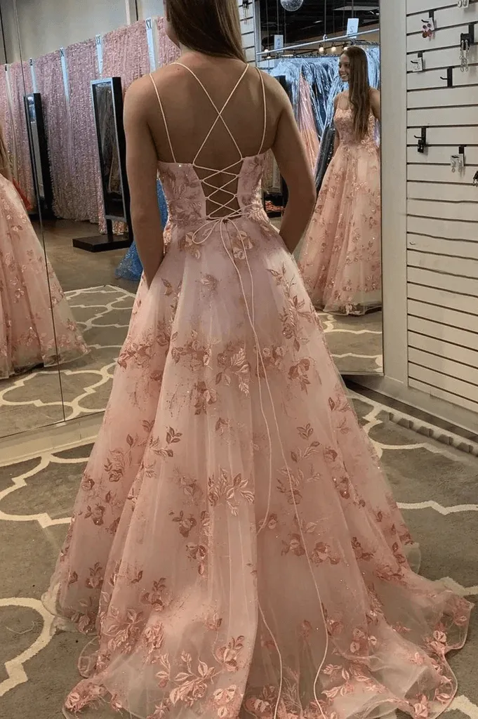 Pink A Line Tulle Lace Appliques Long Prom Dress Formal Evening Dress TP1109