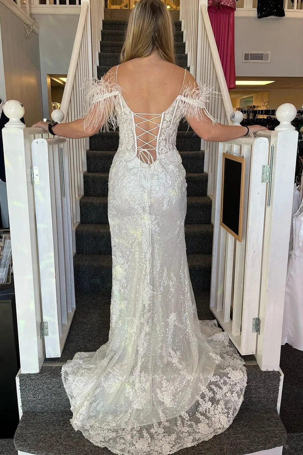 Pink Appliques Mermaid Prom Dress with Feathers TP1272
