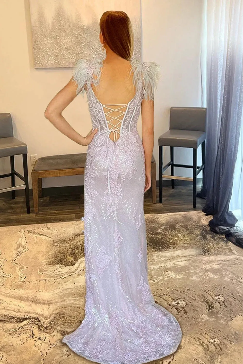 Pink Appliques Mermaid Prom Dress with Feathers TP1272