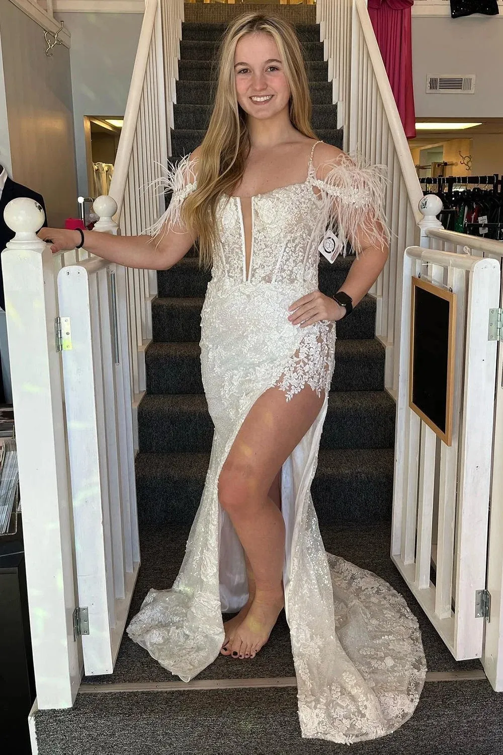Pink Appliques Mermaid Prom Dress with Feathers TP1272