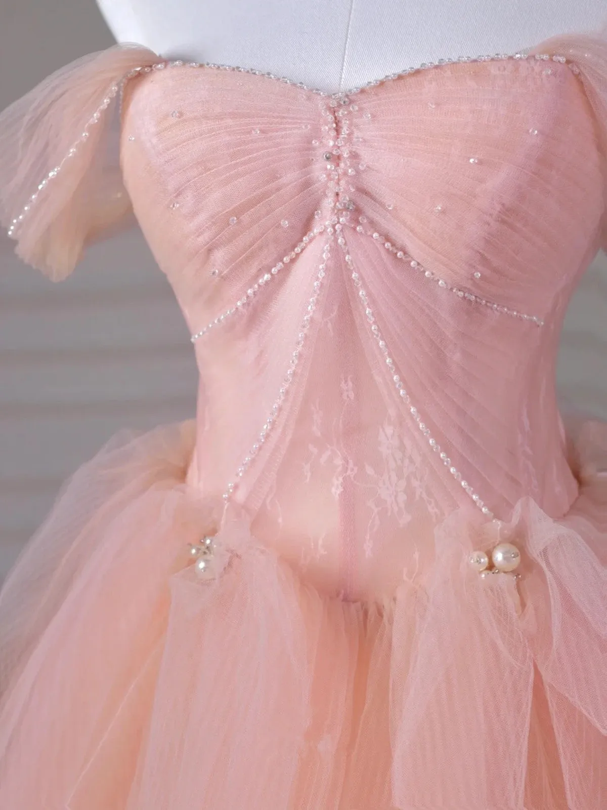 Pink Beaded Tulle A-line Floor Length Party Dress, Pink Tulle Long Prom Dress