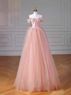 Pink Beaded Tulle A-line Floor Length Party Dress, Pink Tulle Long Prom Dress