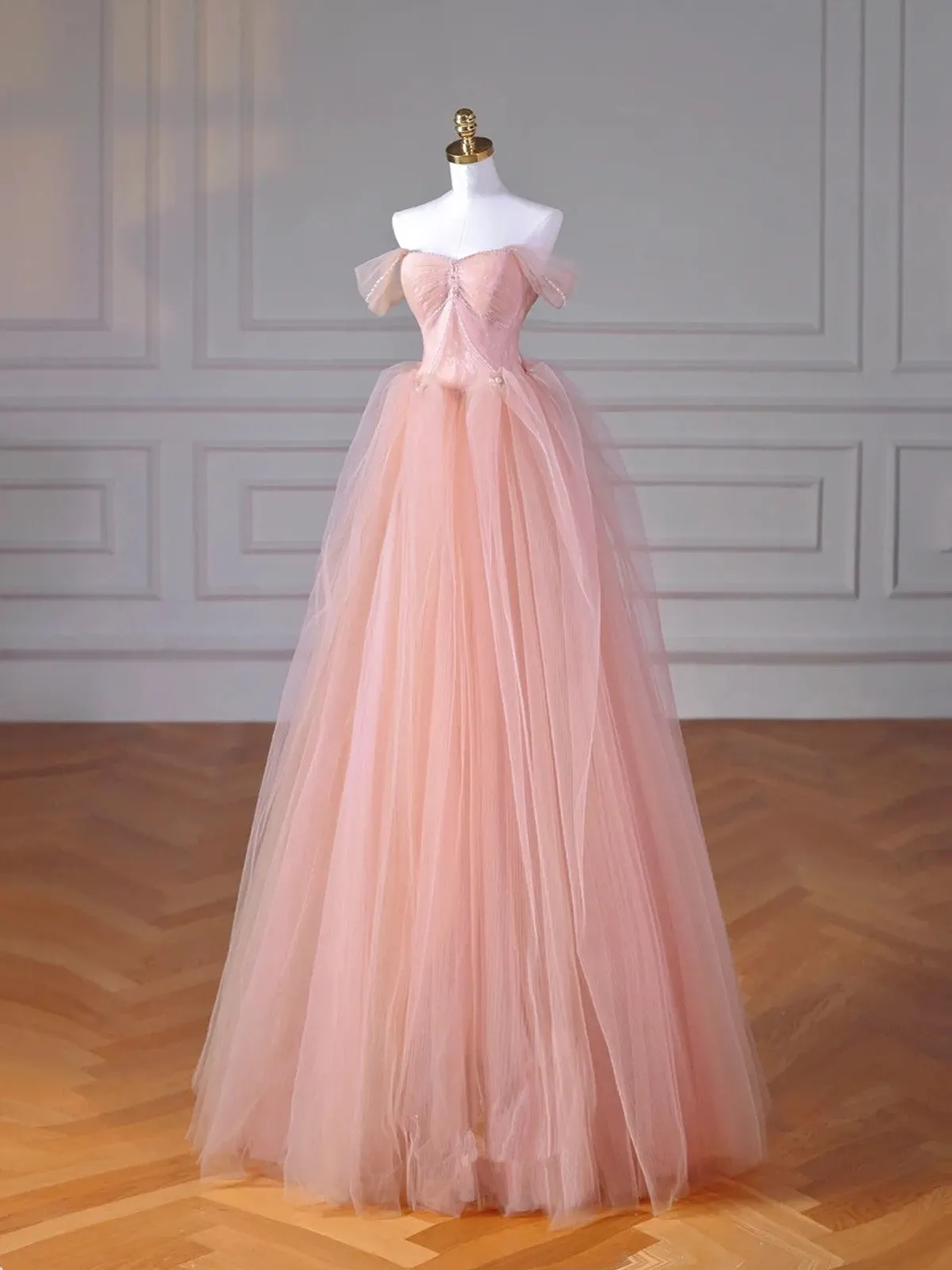 Pink Beaded Tulle A-line Floor Length Party Dress, Pink Tulle Long Prom Dress