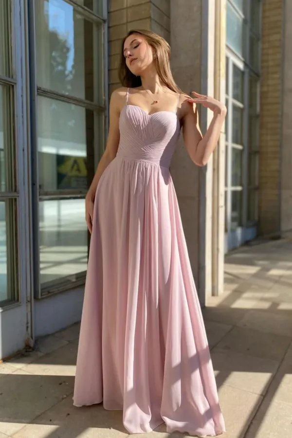 Pink Chiffon Long Simple Prom Dress, A Line Spaghetti Strap Evening Dress APP0946