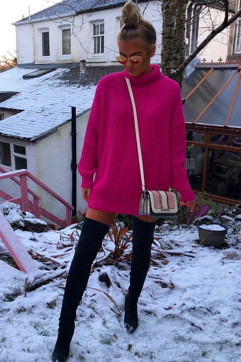 Pink Chunky Knit Jumper Dress - Maci
