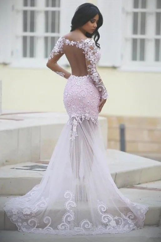 Pink Lace Mermaid Long Sleeve Sexy See Through Prom Dress,Cheap Prom Dresses,SVD362