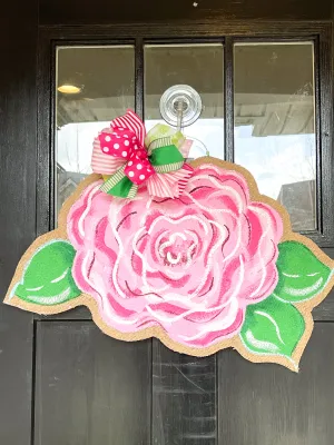Pink Rose Swirl Burlap Door Hanger