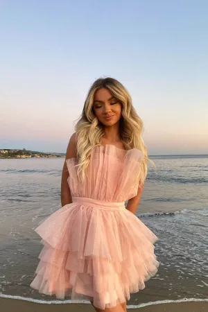 Pink Strapless Tiered Cake Homecoming Dresses With Layers Short Party Gown OK1450