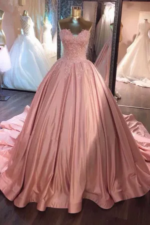Pink Sweetheart Lace Long Ball Gown Prom Dress,sweet 16 dresses OK230