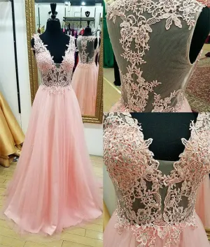 Pink v neck lace long prom dress, pink evening dress