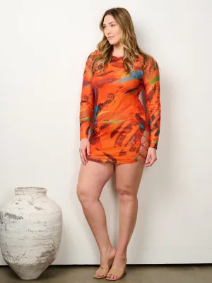 PLUS SIZE LONG SLEEVE SIDE LACE UP PRINT BODYCON MINI DRESS