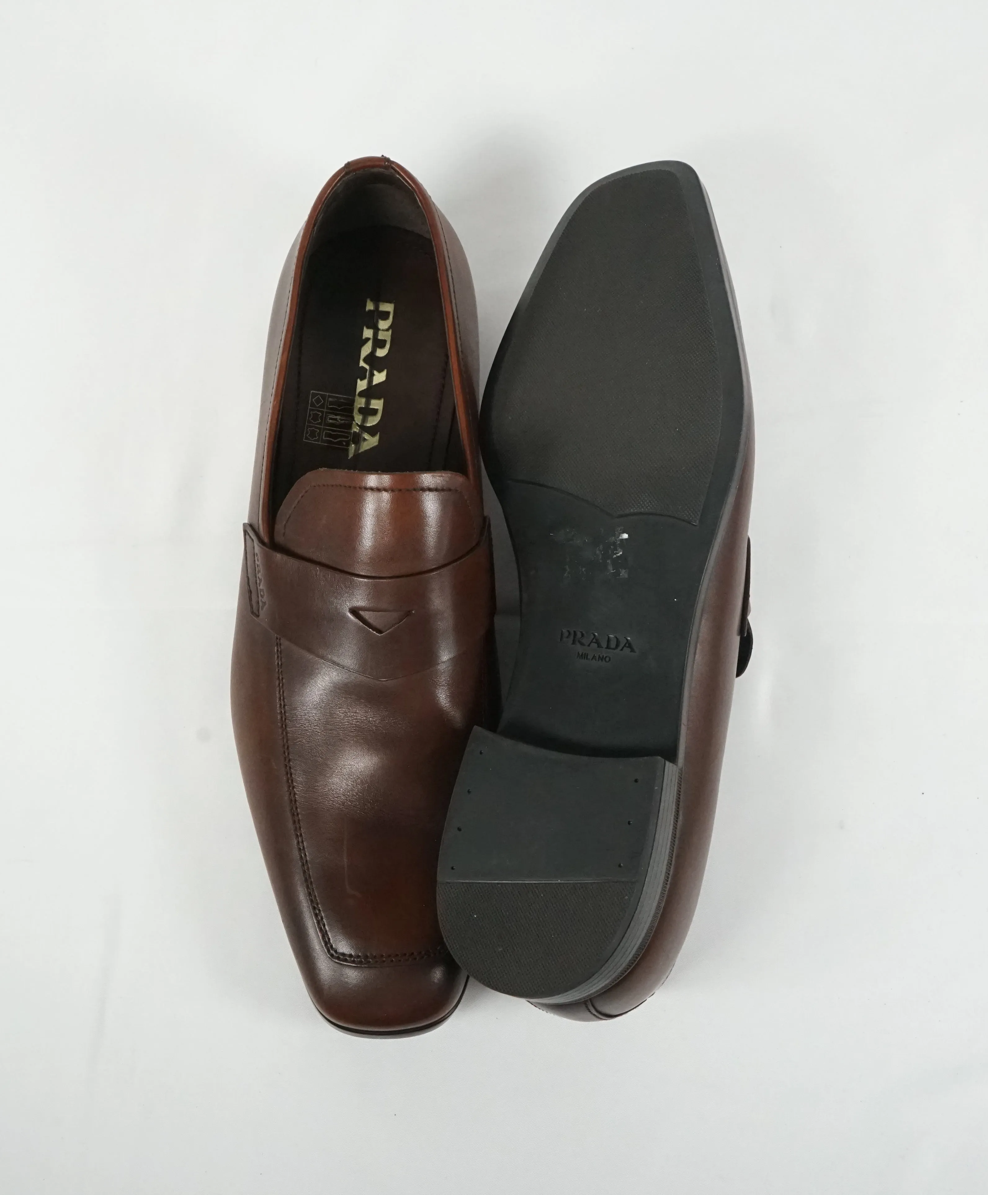 PRADA - Asymmetrical Leather Logo Penny Loafers Brown - 8.5