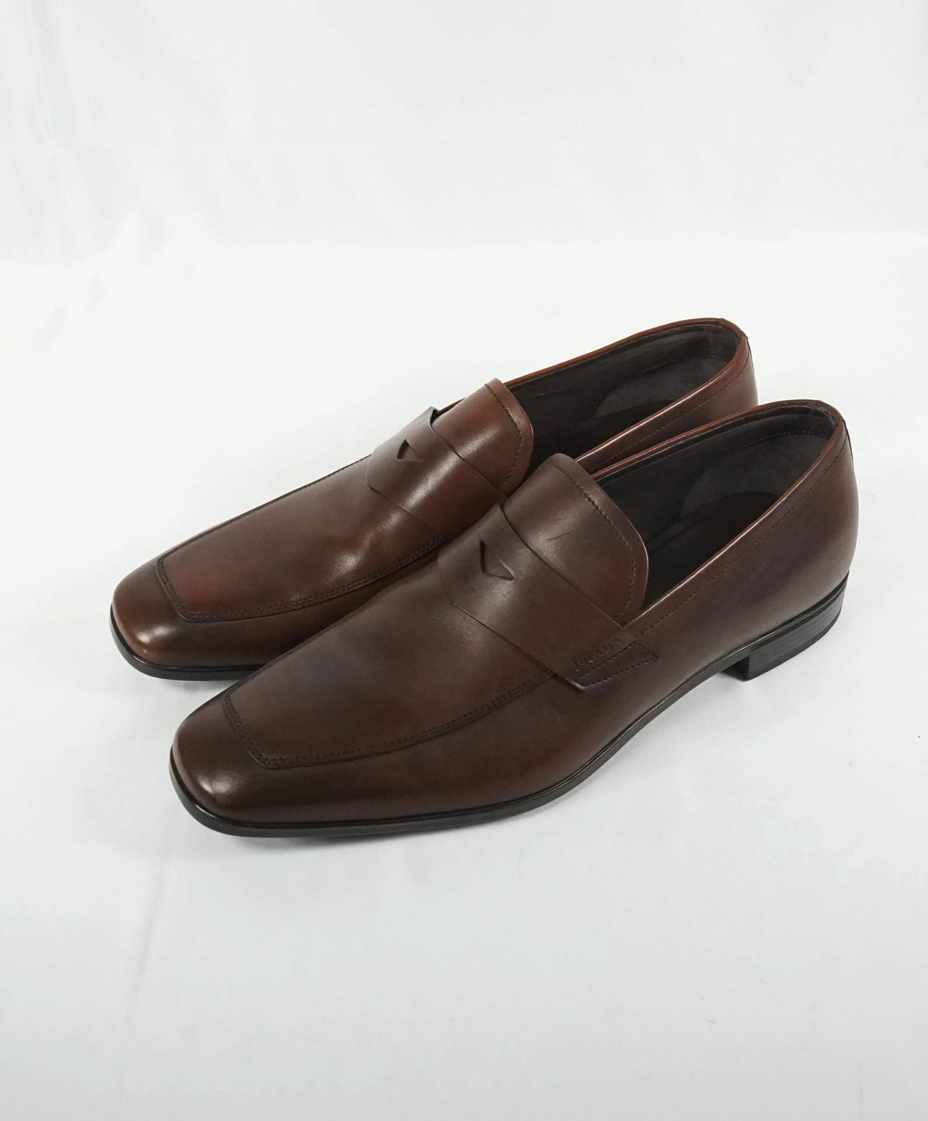 PRADA - Asymmetrical Leather Logo Penny Loafers Brown - 8.5