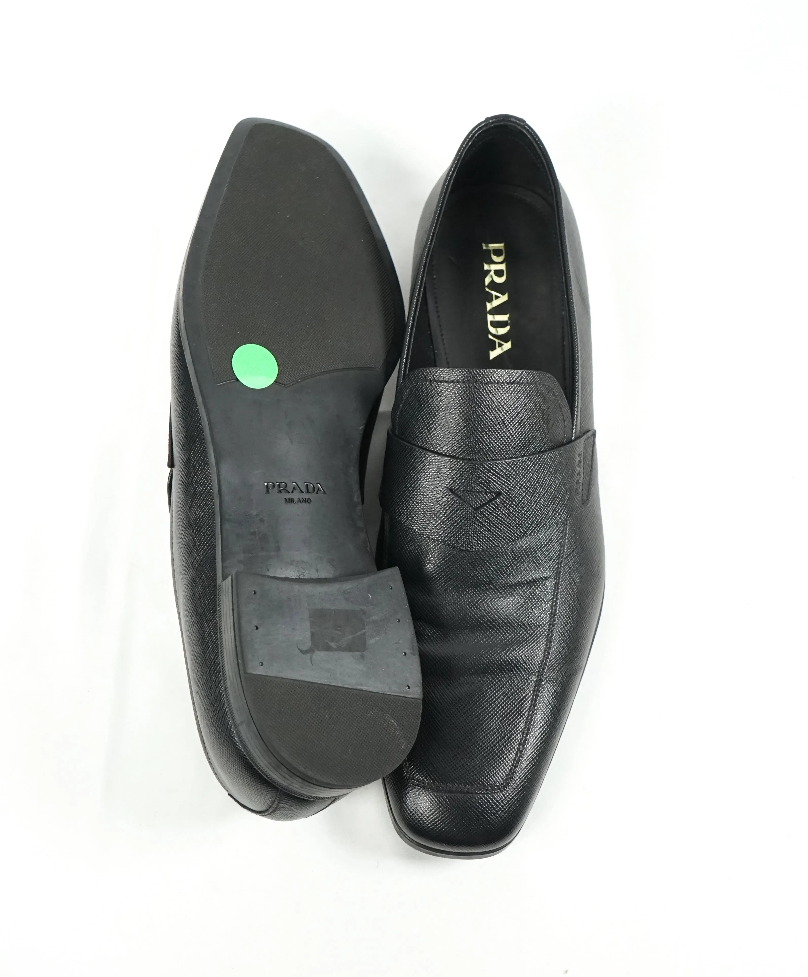 PRADA - Asymmetrical Saffiano Leather Logo Penny Loafers Black - 11US