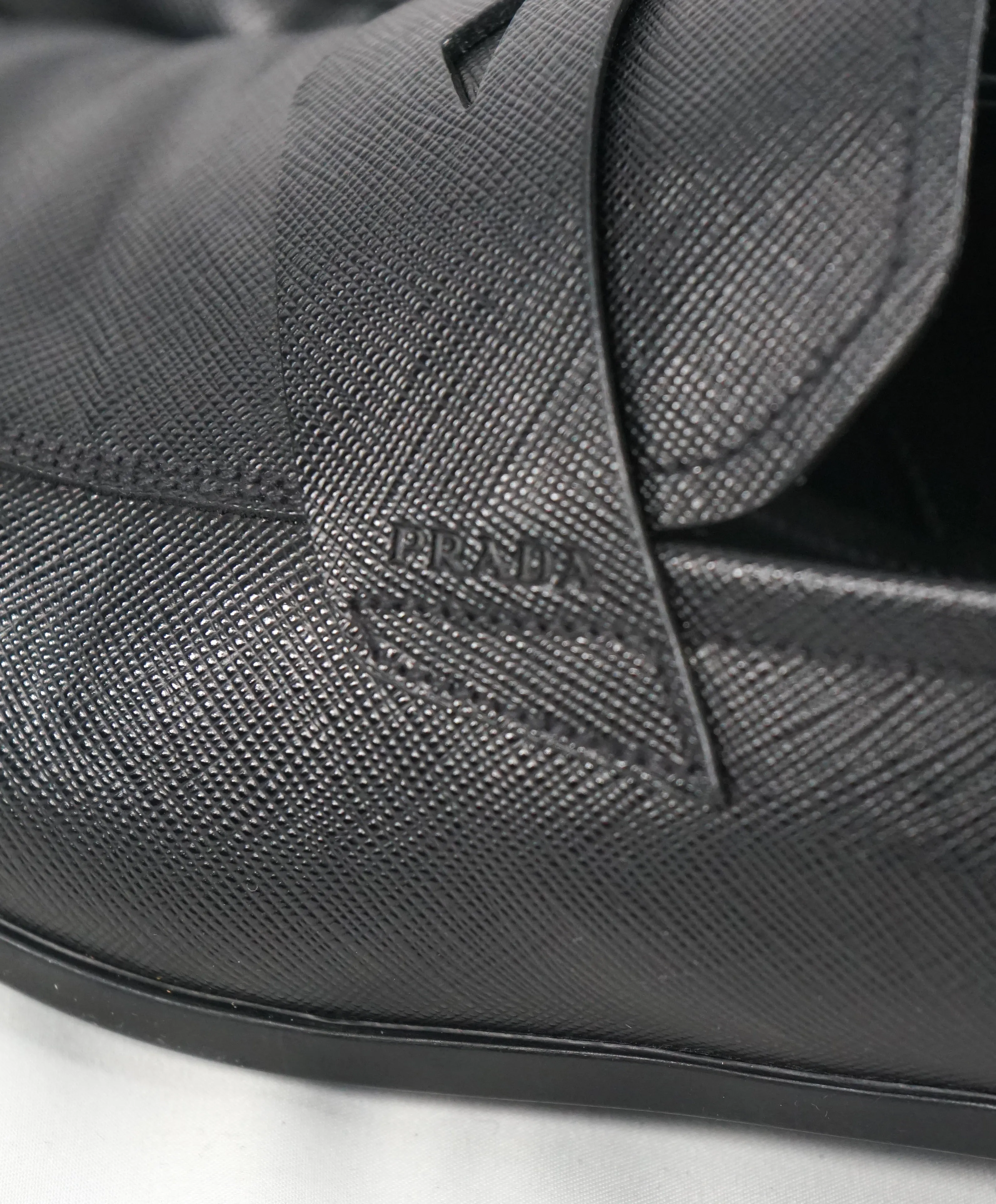 PRADA - Asymmetrical Saffiano Leather Logo Penny Loafers Black - 11US