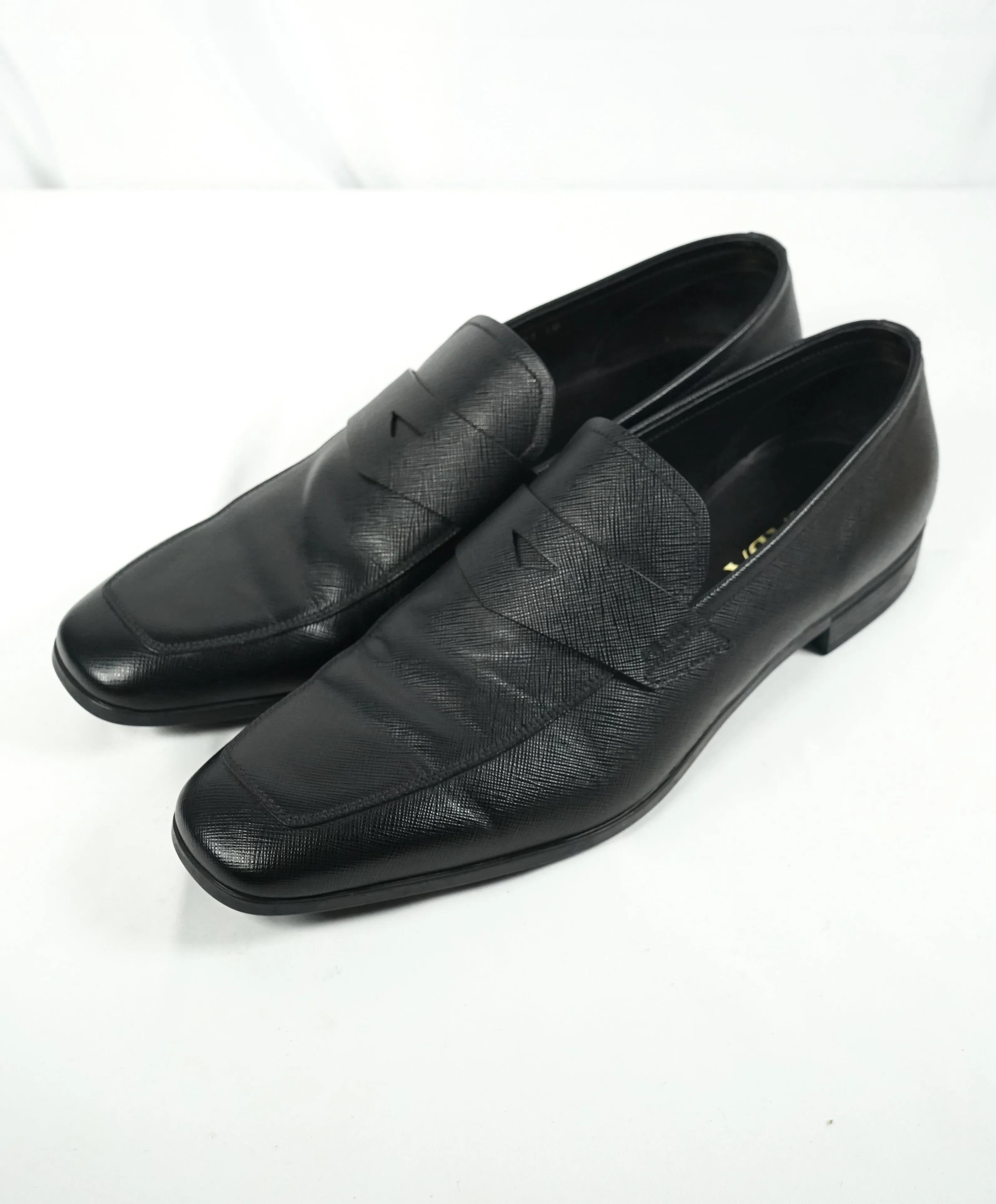 PRADA - Asymmetrical Saffiano Leather Logo Penny Loafers Black - 11US