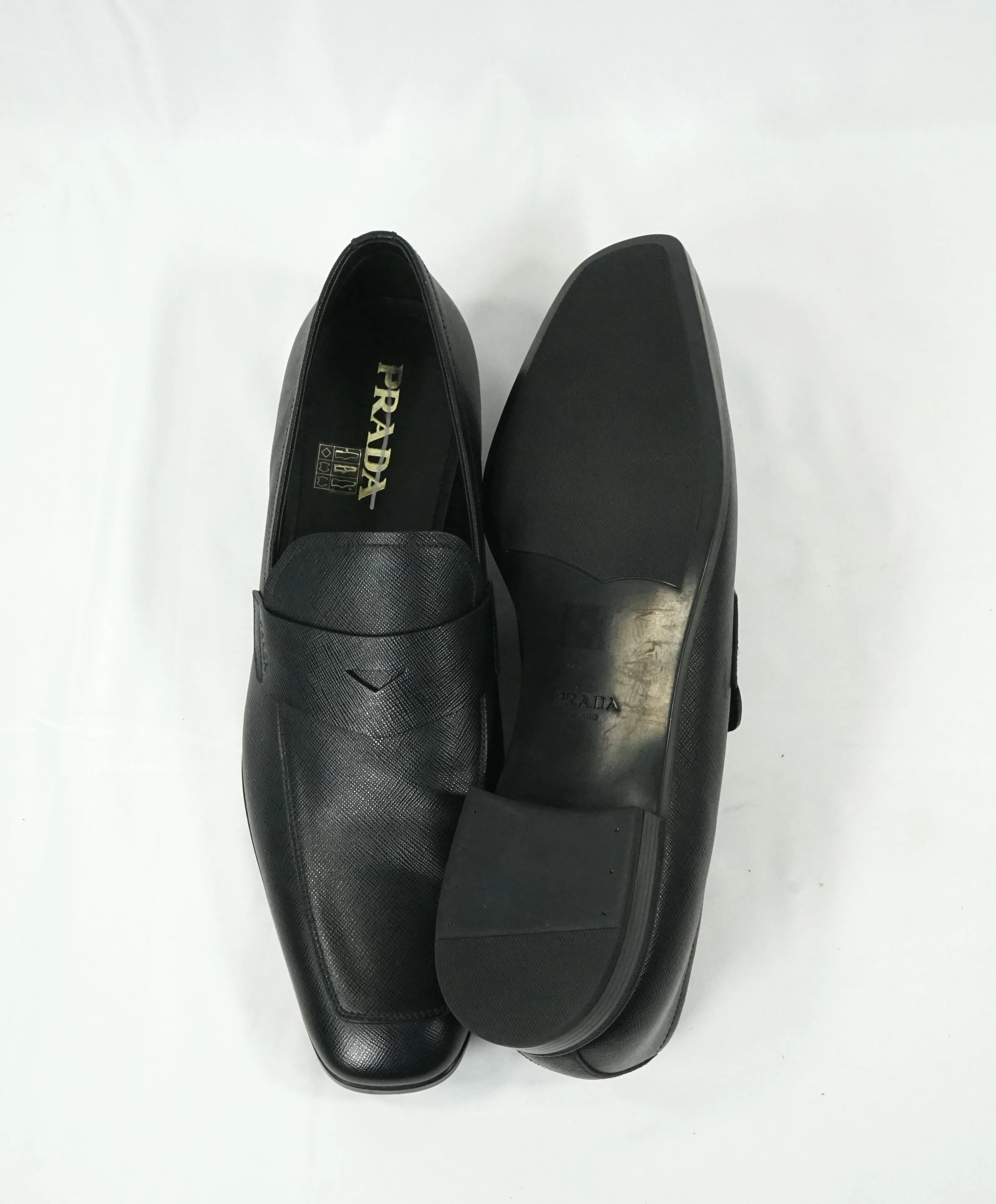 PRADA - Asymmetrical Saffiano Leather Logo Penny Loafers Black - 12US