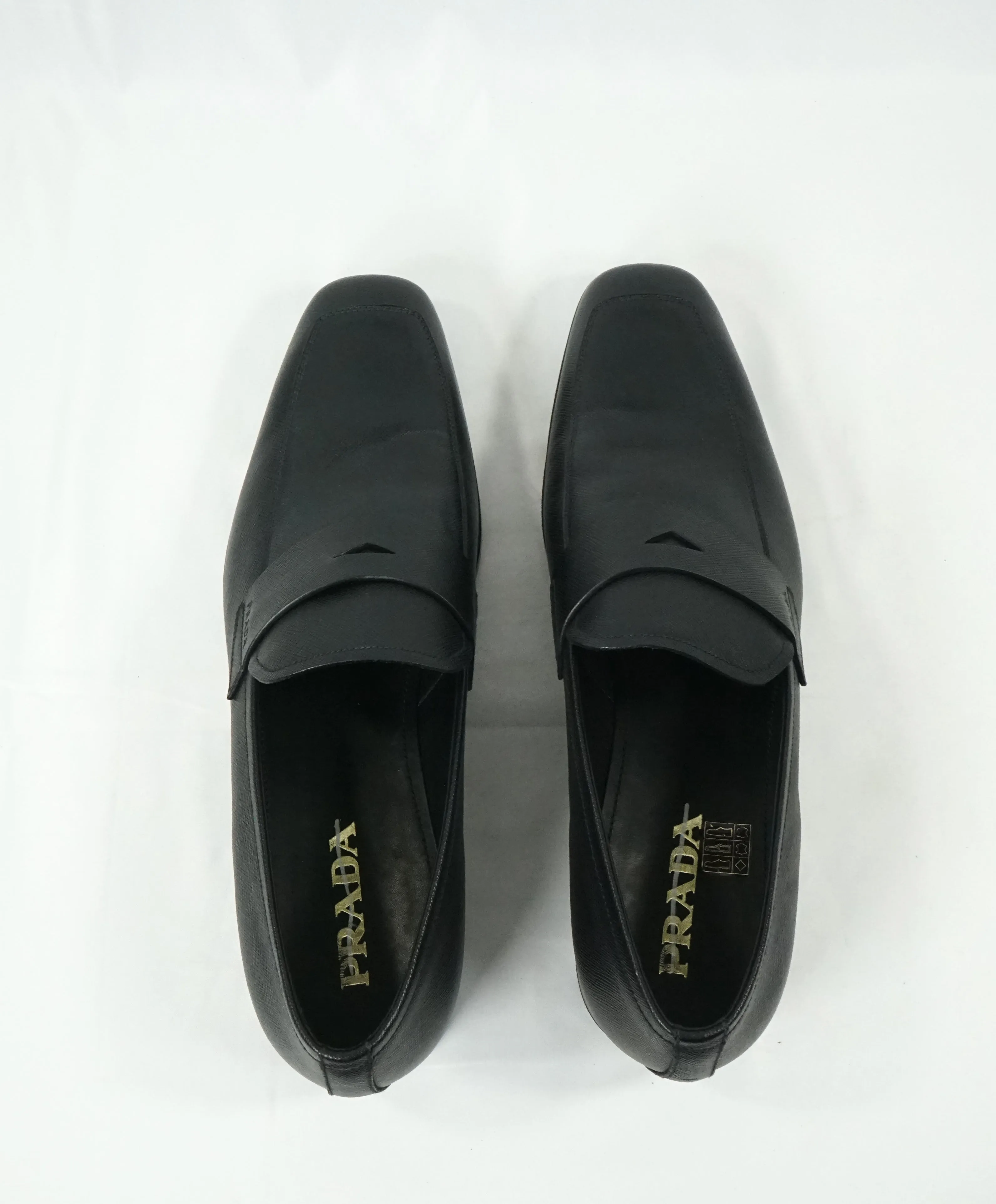 PRADA - Asymmetrical Saffiano Leather Logo Penny Loafers Black - 12US