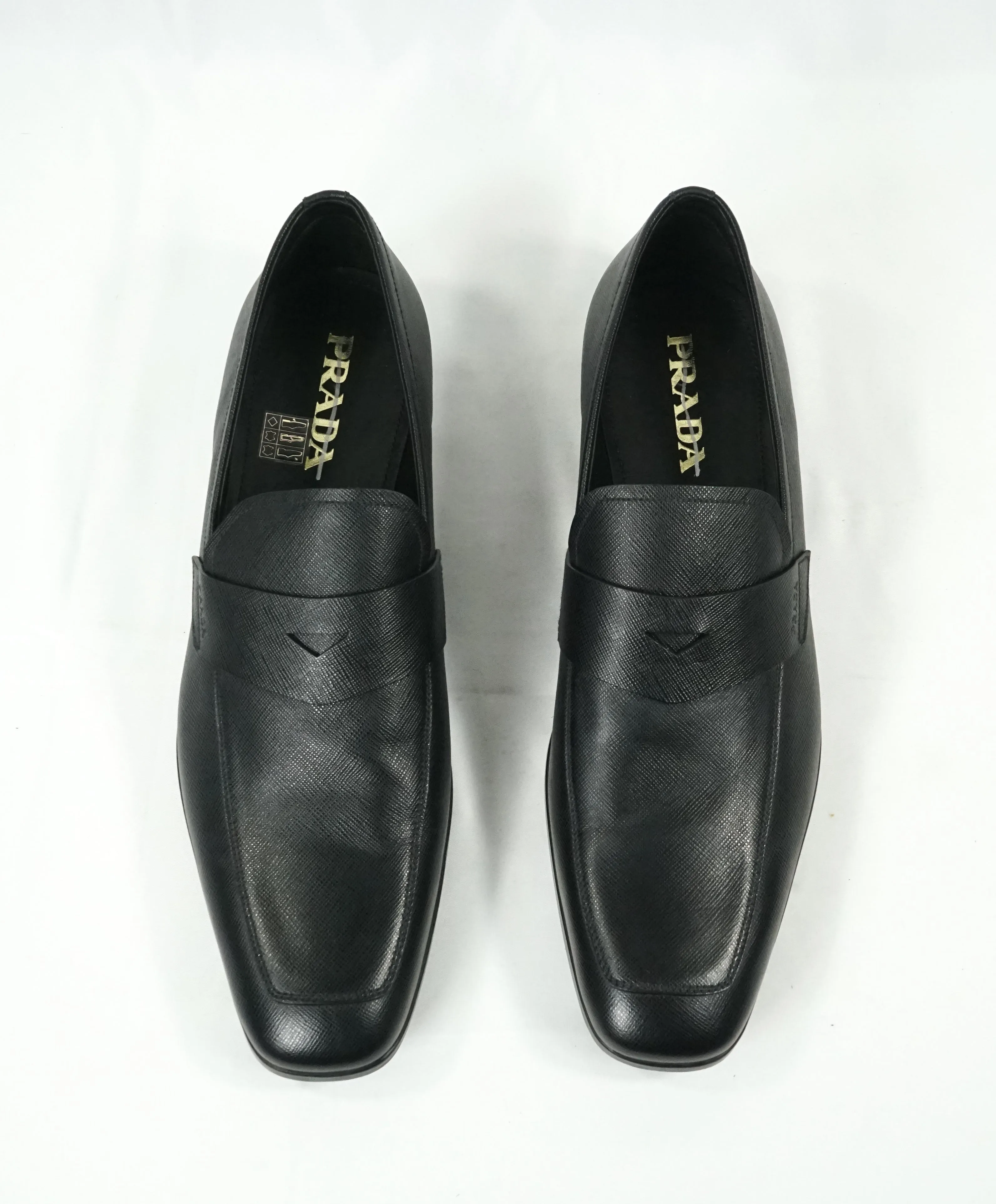 PRADA - Asymmetrical Saffiano Leather Logo Penny Loafers Black - 12US