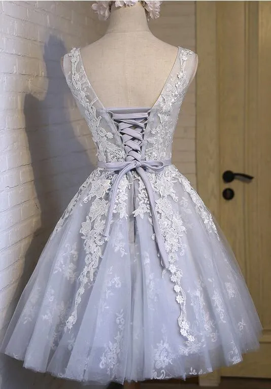 Pretty Grey Short Round Neckline Party Dress, Grey Homecoming Dresses, Lace-up Graduation Dresses